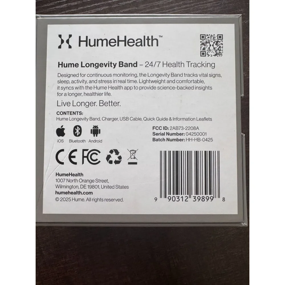 Hume Health Longevity Band 1.0 Smart Fitness Tracker 24/7 Heart Rate Sleep NIB